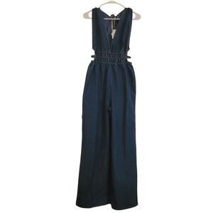 Indulge In Style Womens DarkWash Denim WideLeg Jumpsuit V-Neck Cutout Medium NWT